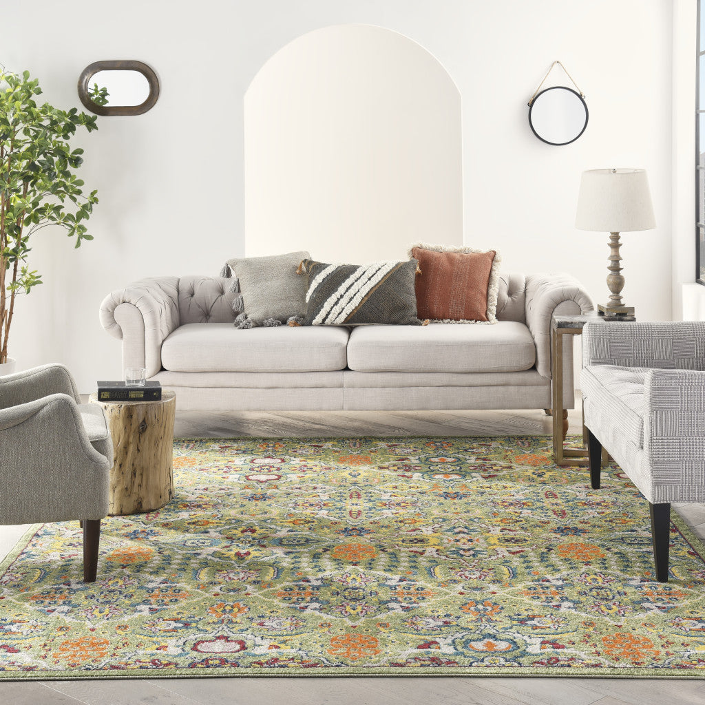9' x 12' Green Floral Power Loom Area Rug