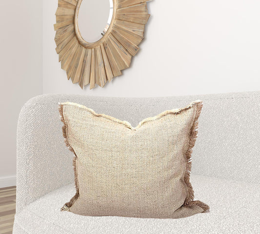 Set Of Two 24" x 24" Taupe 100% Cotton Herringbone Pillows With Fringe