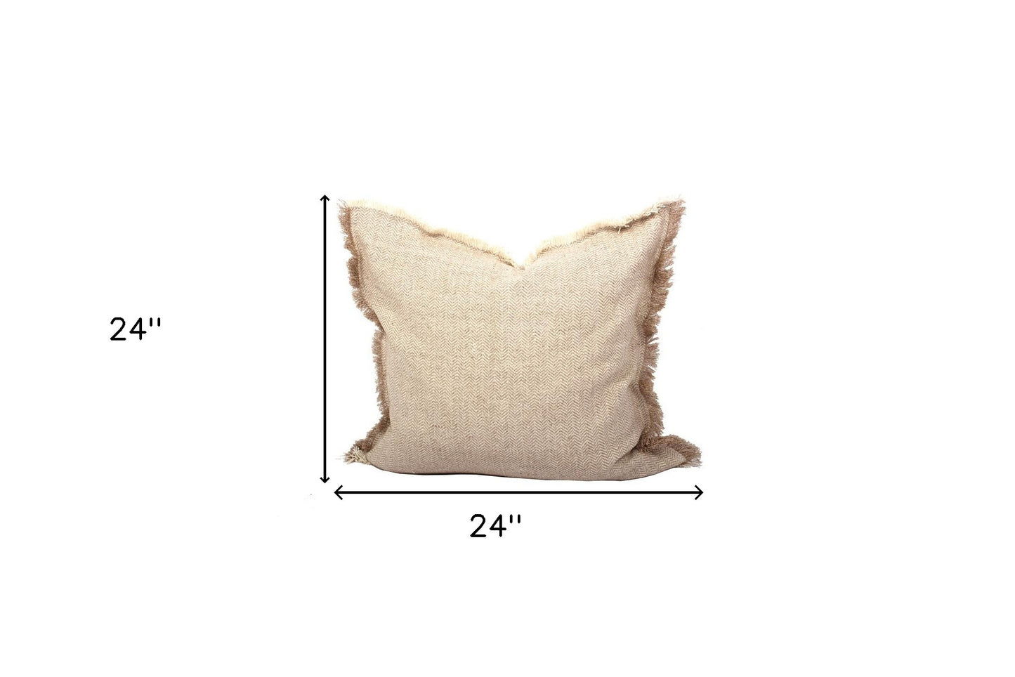 Set Of Two 24" x 24" Taupe 100% Cotton Herringbone Pillows With Fringe