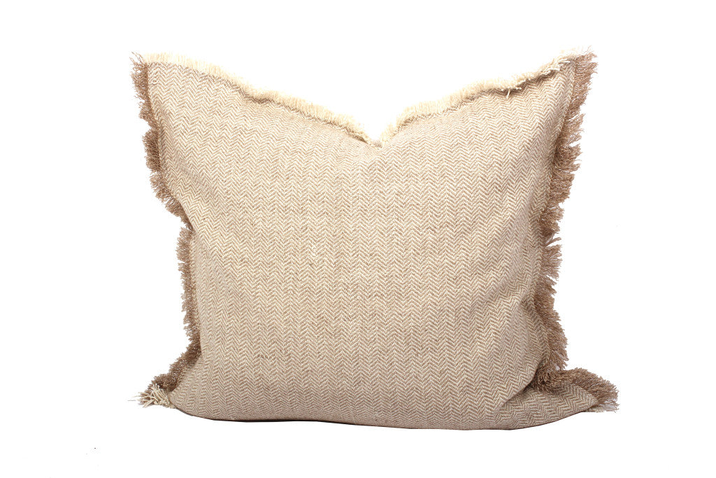 Set Of Two 24" x 24" Taupe 100% Cotton Herringbone Pillows With Fringe