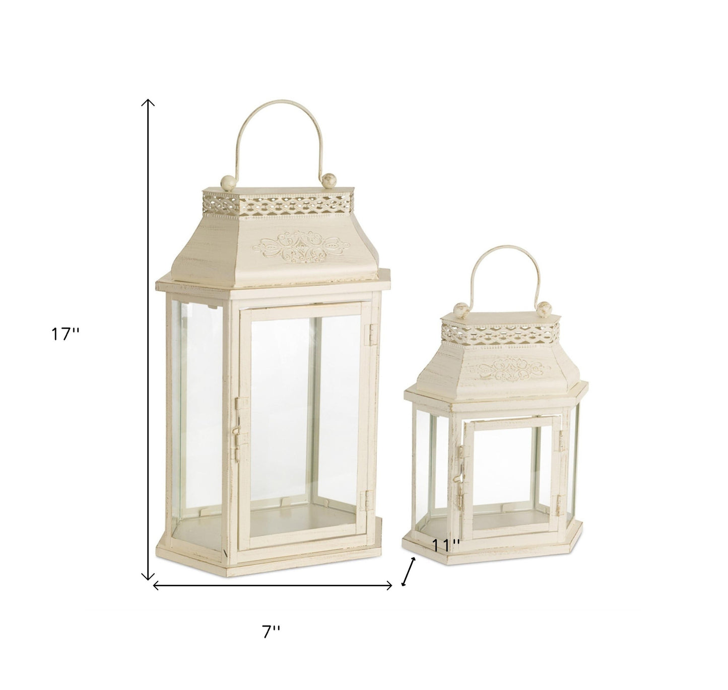 Set Of Two Beige Flameless Floor Lantern Candle Holder