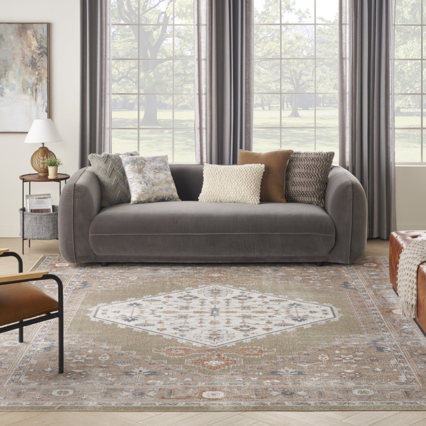 9' x 12' Khaki Oriental Power Loom Distressed Washable Area Rug