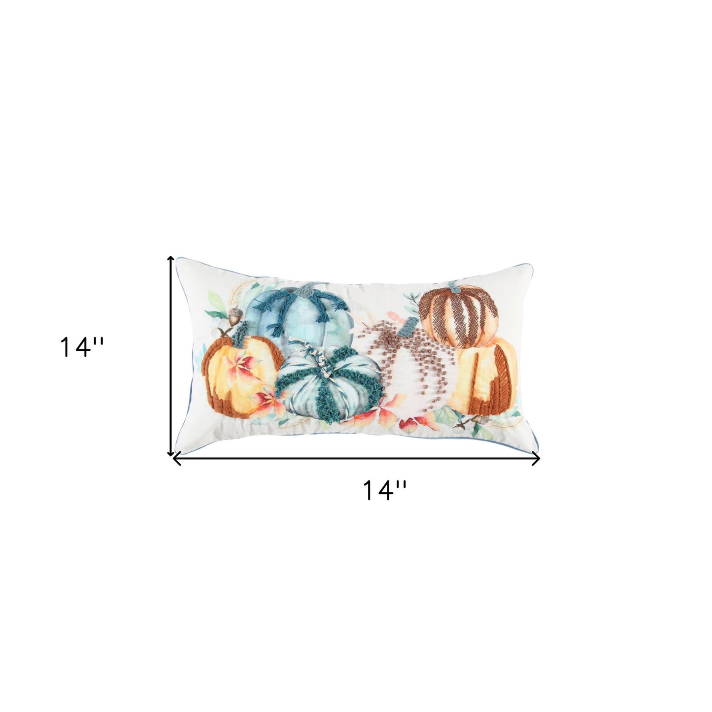 14" X 14" Blue and White Thanksgiving Cotton Pillow With Embroidery Edges