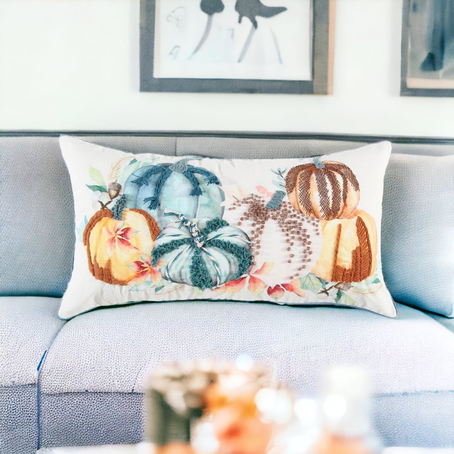 14" X 14" Blue and White Thanksgiving Cotton Pillow With Embroidery Edges