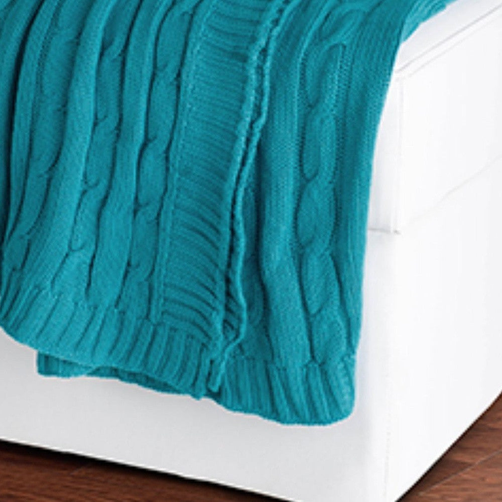 Teal Blue Knitted 100% Cotton Throw Blanket