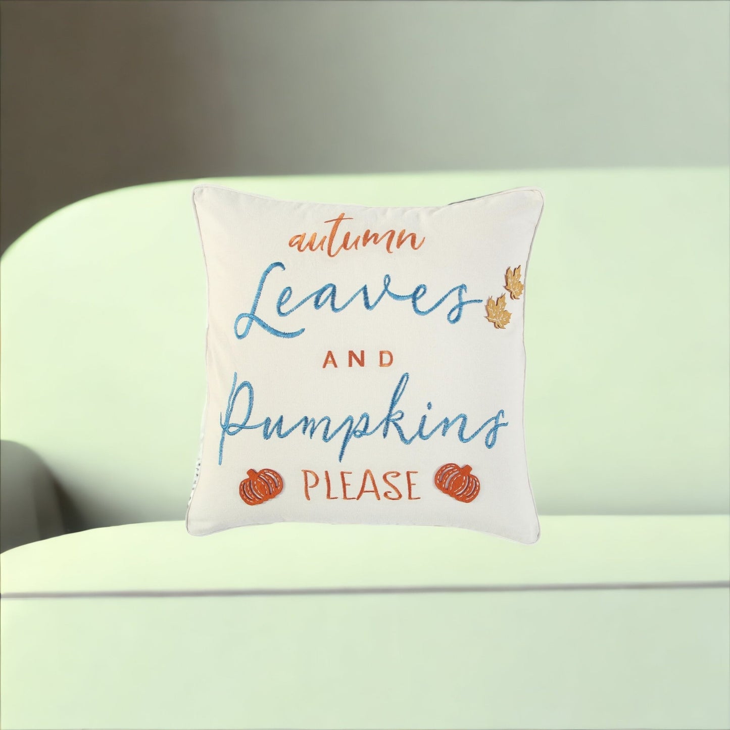 20" Ivory Blue and Orange Thanksgiving Cotton Pillow With Applique, Embroidery Edges