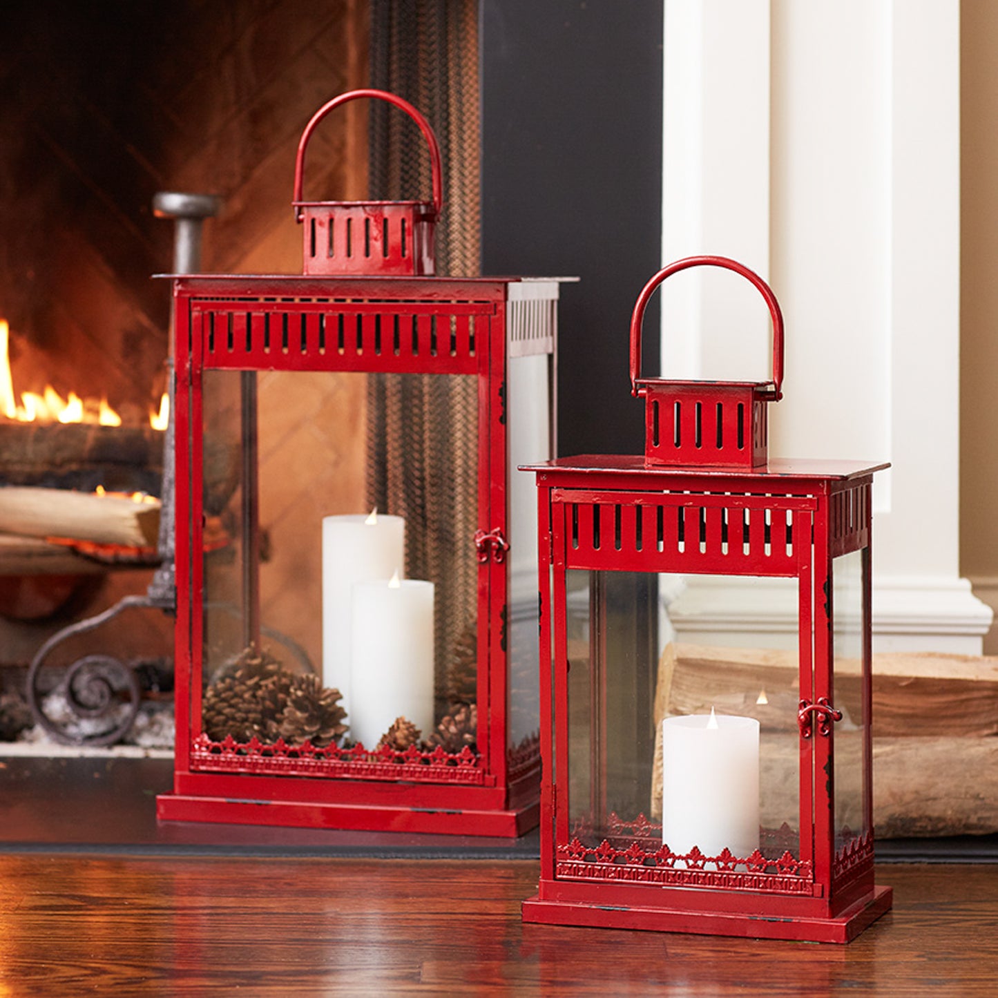 Set of Two Red Metal Ornate Floor Lantern Candle Holders