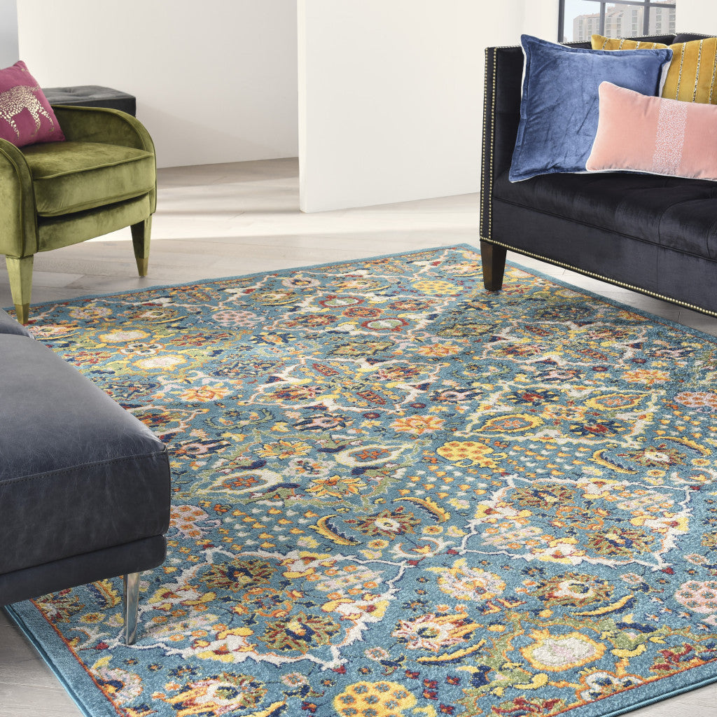 9' x 12' Teal and Gold Floral Power Loom Area Rug