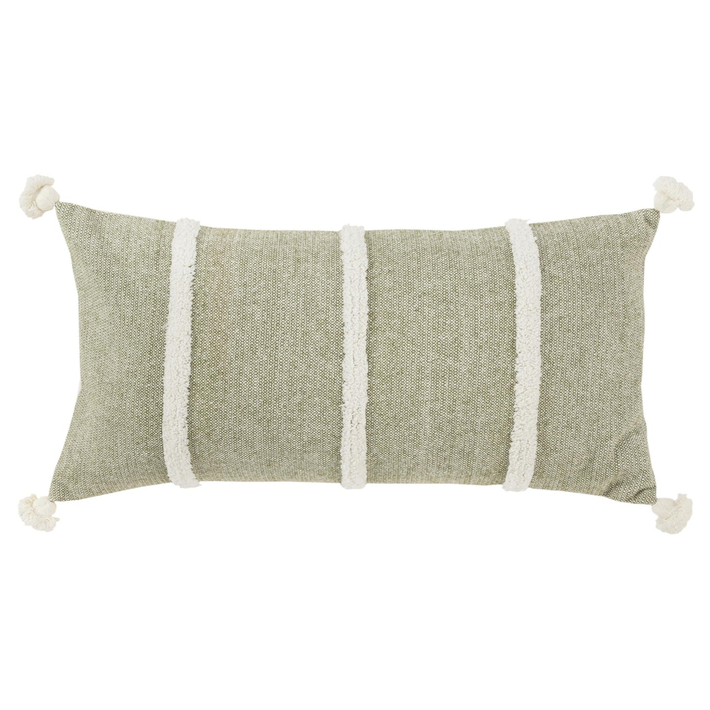14" X 14" Green and White Cotton Pillow With Tassels Edges
