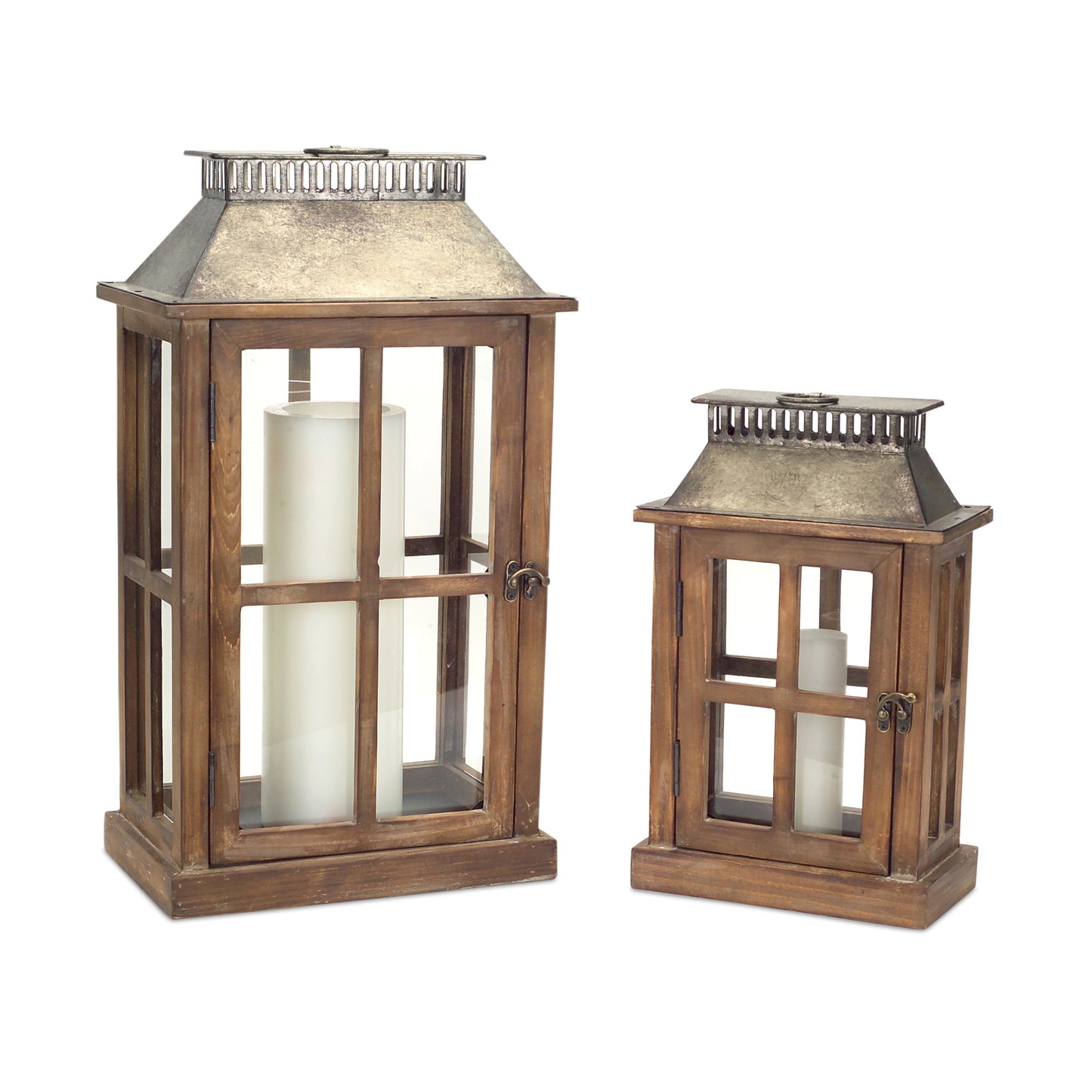 Set Of Two Brown Flameless Floor Lantern Candle Holder