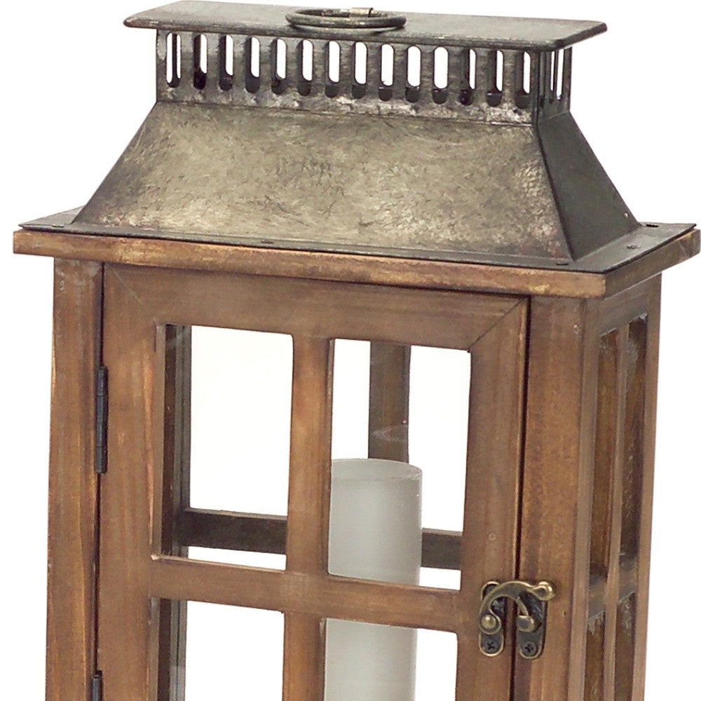 Set Of Two Brown Flameless Floor Lantern Candle Holder