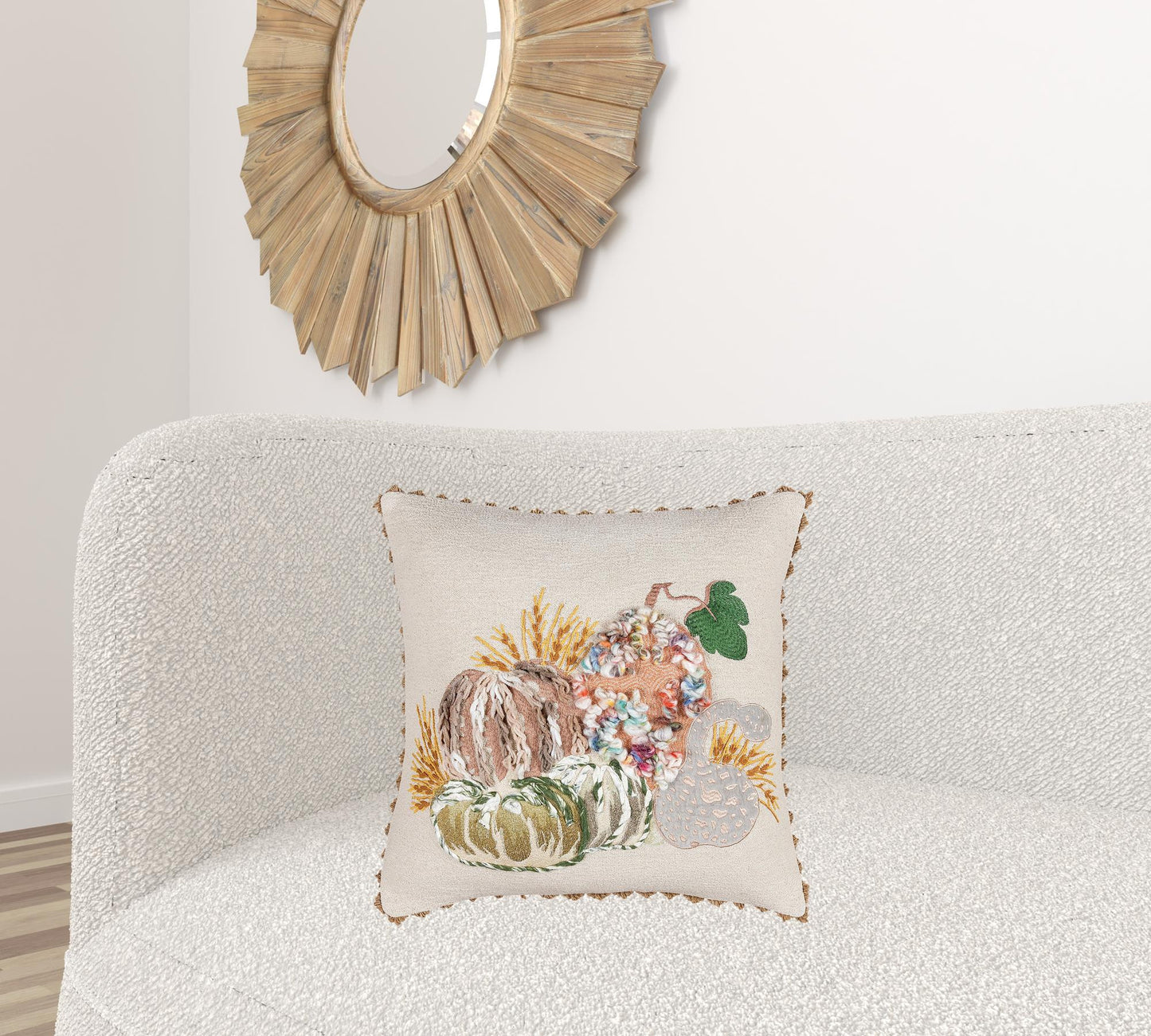 20" Beige and Green Thanksgiving Cotton Pillow With Applique, Embroidery Edges