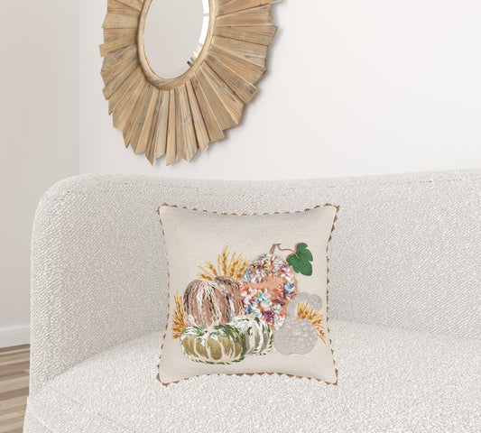 20" Beige and Green Thanksgiving Cotton Pillow With Applique, Embroidery Edges