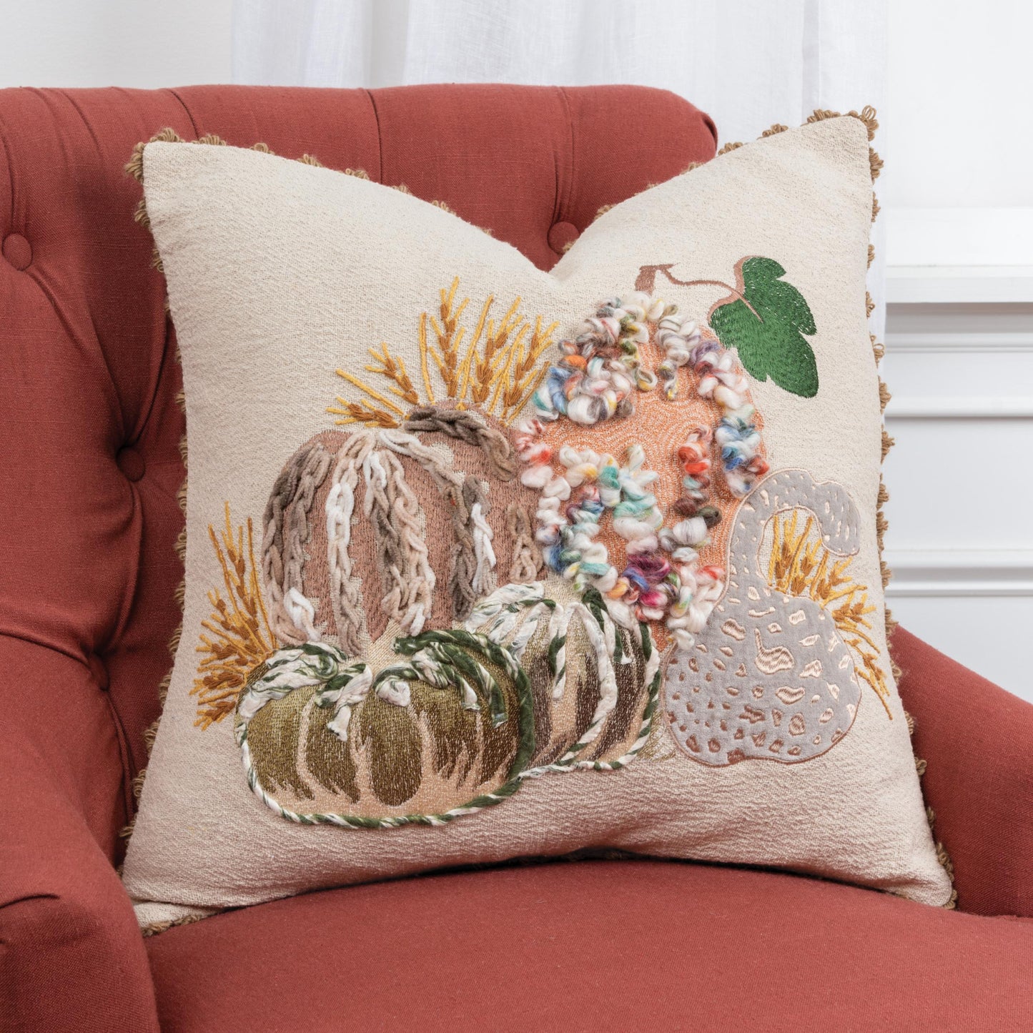20" Beige and Green Thanksgiving Cotton Pillow With Applique, Embroidery Edges