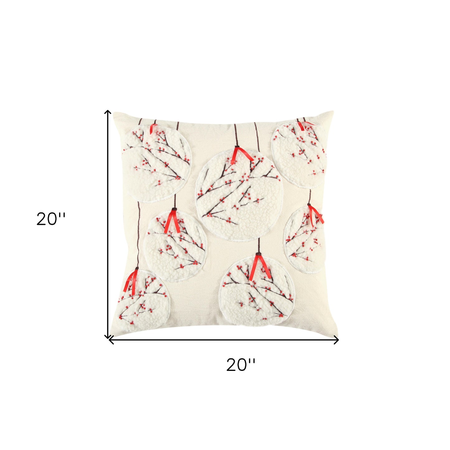 20" Red and Ivory Christmas Cotton Pillow With Applique, Embroidery, Beads Edges