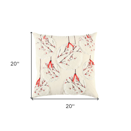 20" Red and Ivory Christmas Cotton Pillow With Applique, Embroidery, Beads Edges