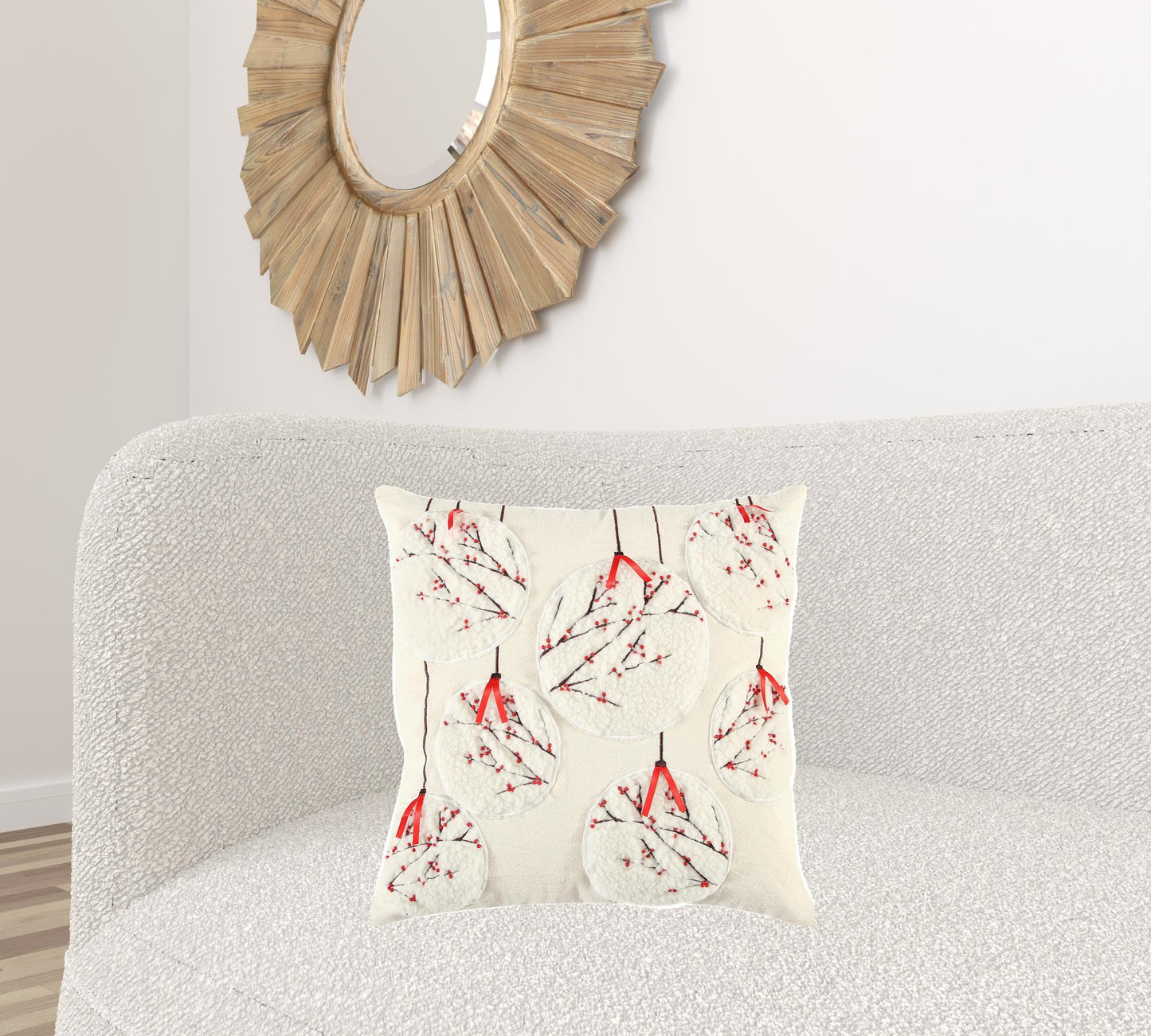 20" Red and Ivory Christmas Cotton Pillow With Applique, Embroidery, Beads Edges