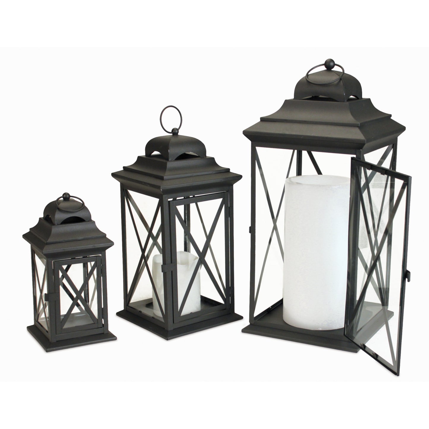 Set Of Three Black Flameless Floor Lantern Candle Holder