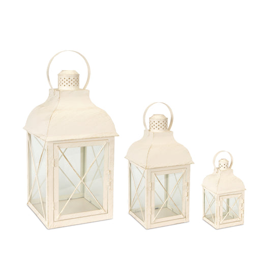 Set Of Three White Flameless Floor Lantern Candle Holder