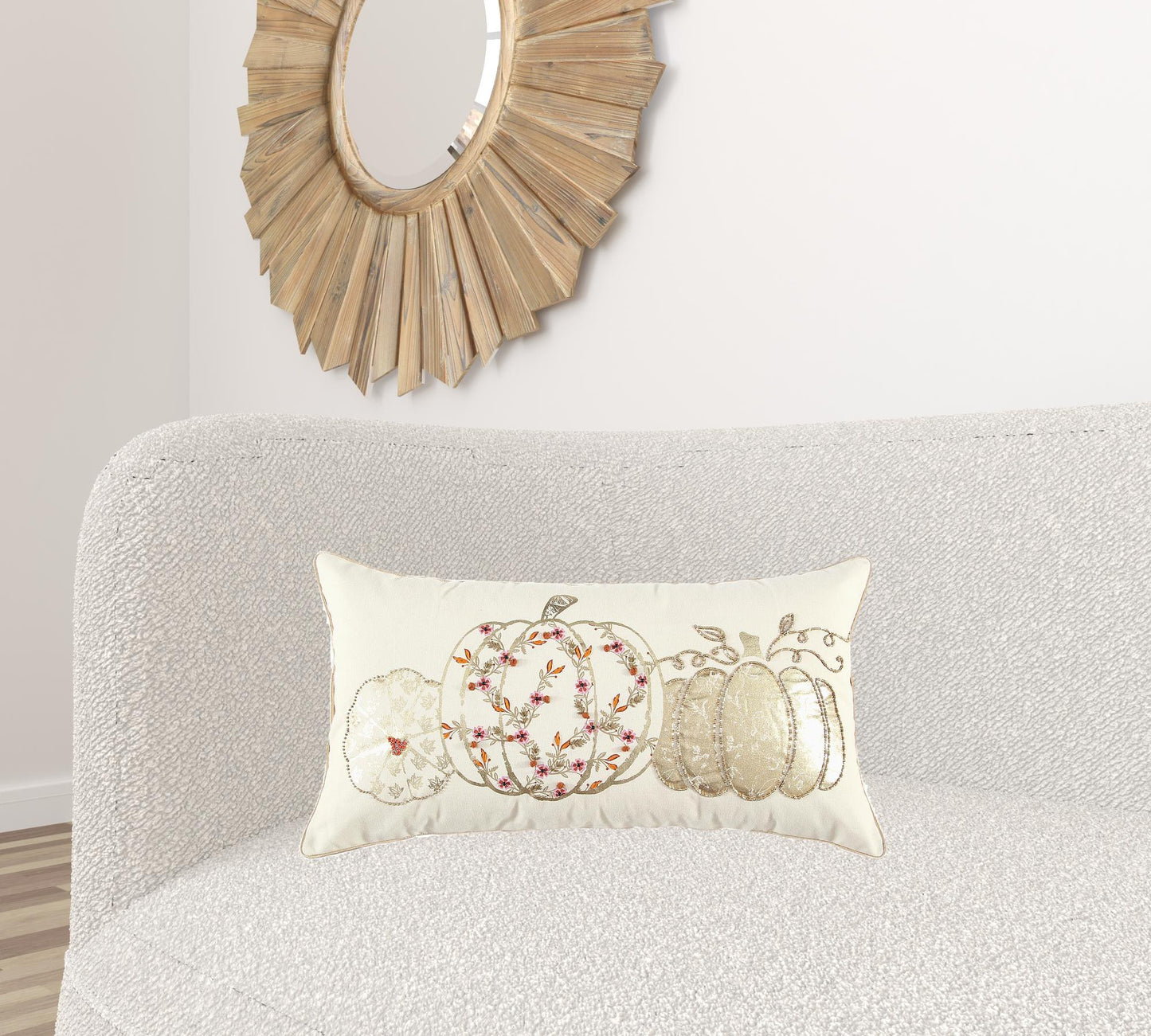 14" X 14" Gold and Ivory Thanksgiving Cotton Pillow With Embroidery, Beads, Pom Poms Edges