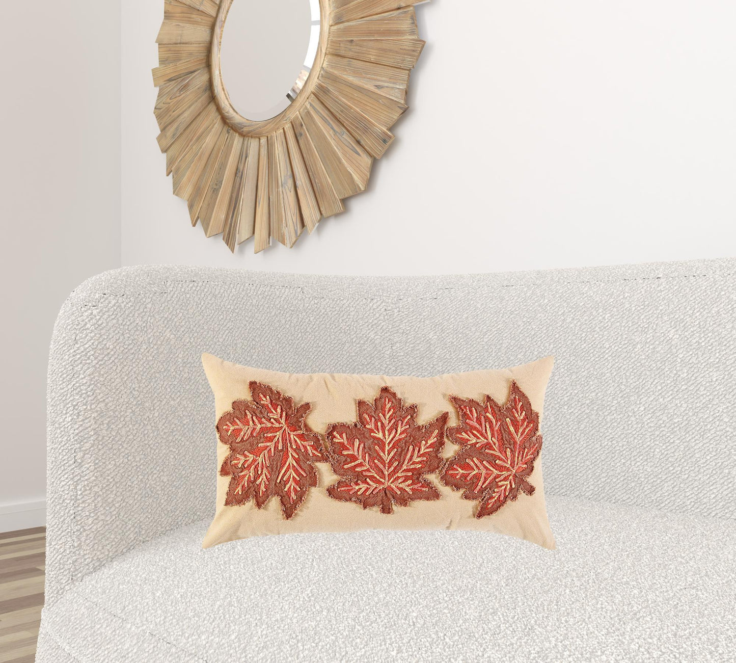 14" X 14" Beige and Brown Thanksgiving Cotton Pillow With Applique, Embroidery Edges