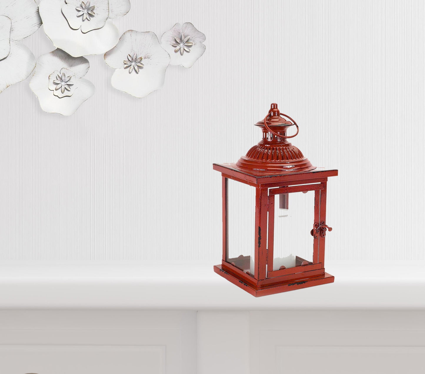 Set Of Two Red Flameless Floor Lantern Candle Holder