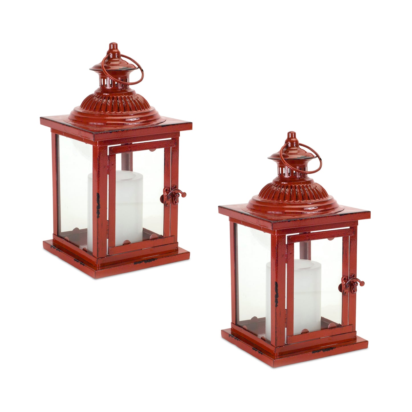 Set Of Two Red Flameless Floor Lantern Candle Holder