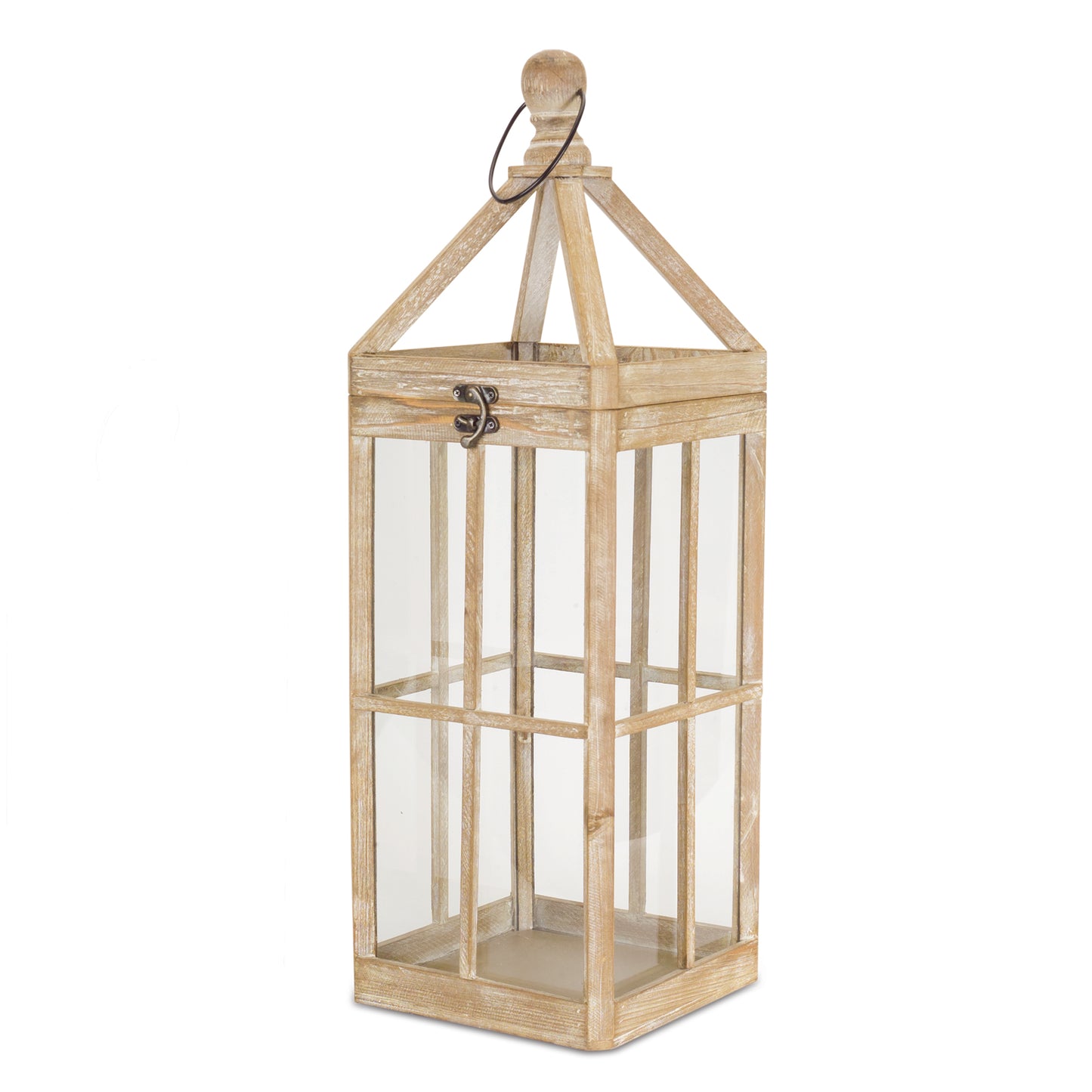 Set of Two Natural and Clear Wood and Glass Floor Lantern Candle Holders