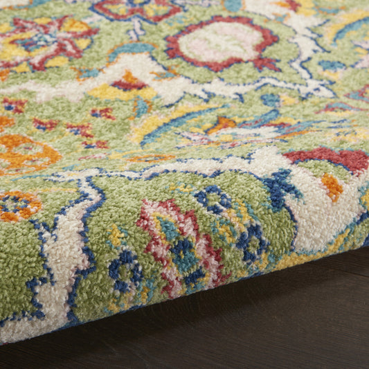 8' Green Floral Power Loom Runner Rug
