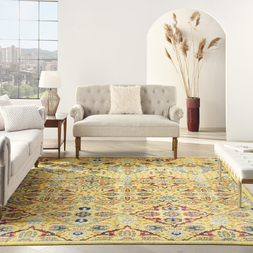 9' x 12' Yellow Floral Power Loom Area Rug