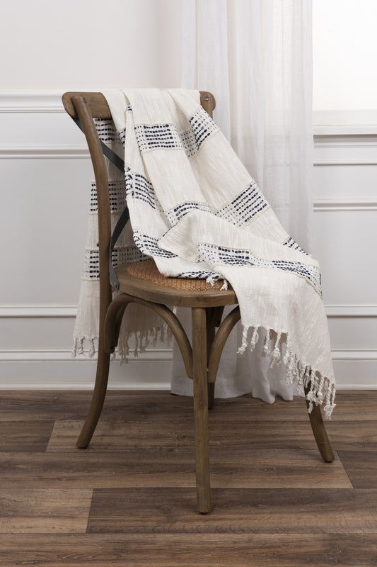 Blue and Ivory Woven 95% Cotton/5% Acrylic Throw Blanket