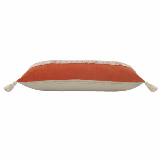 14" X 36" Orange And Off-White 100% Cotton Zippered Pillow