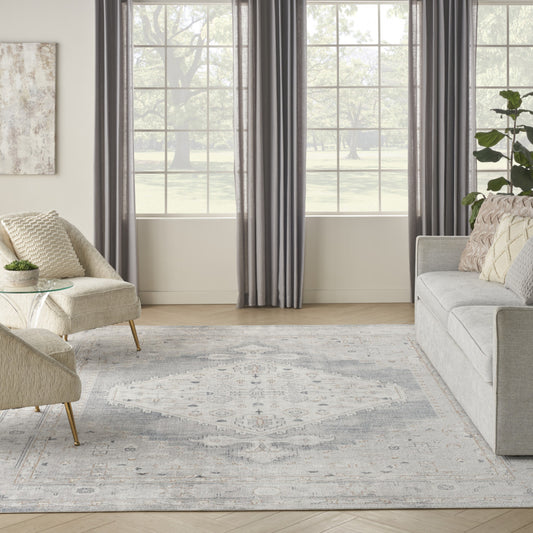 8' X 10' Light Blue Oriental Power Loom Distressed Washable Area Rug