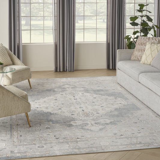 8' X 10' Light Blue Oriental Power Loom Distressed Washable Area Rug