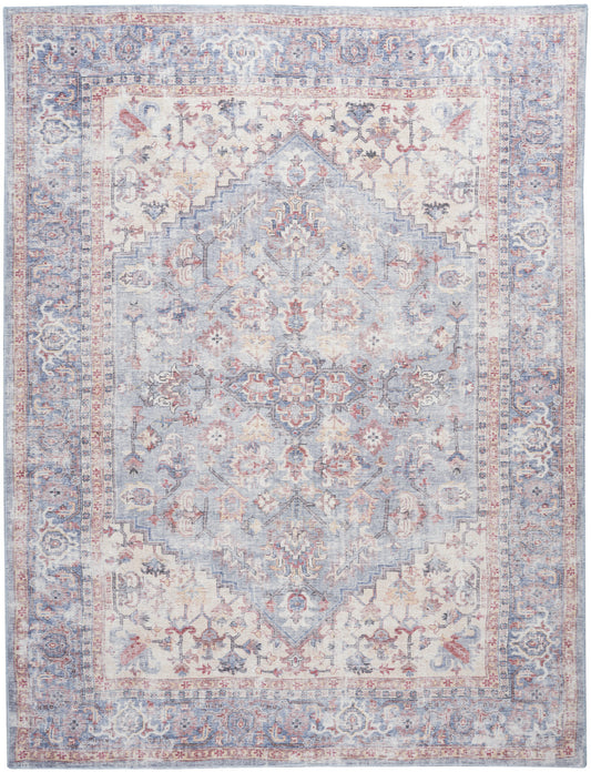 8' x 10' Blue Floral Power Loom Distressed Area Rug
