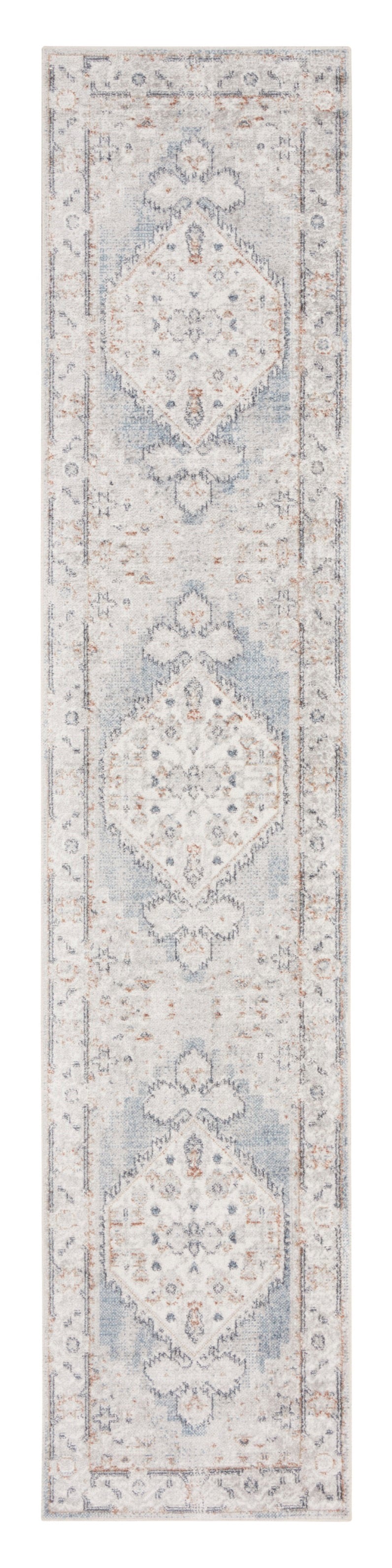12' Light Blue Oriental Power Loom Distressed Washable Runner Rug