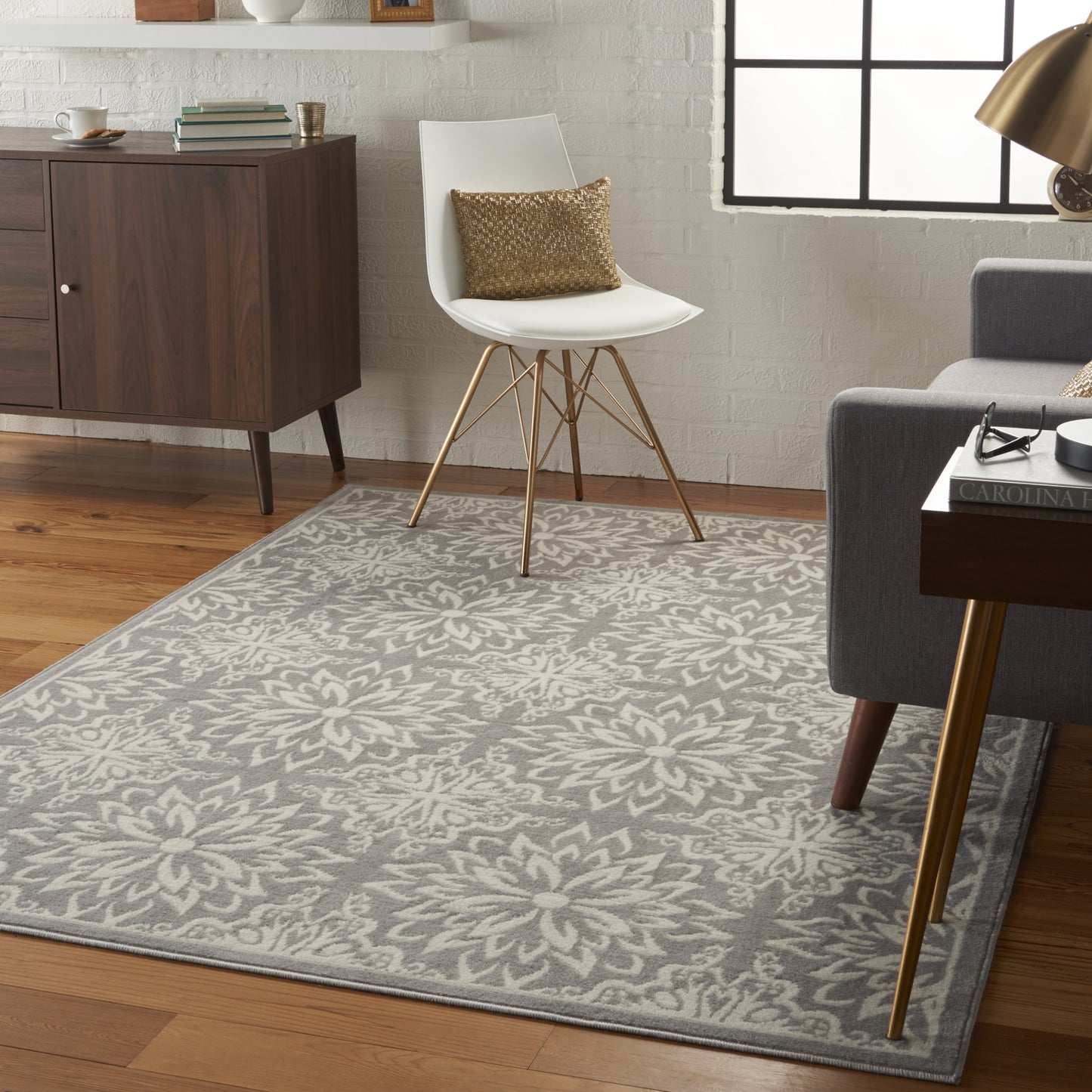 4' x 6' Gray Floral Power Loom Non Skid Area Rug