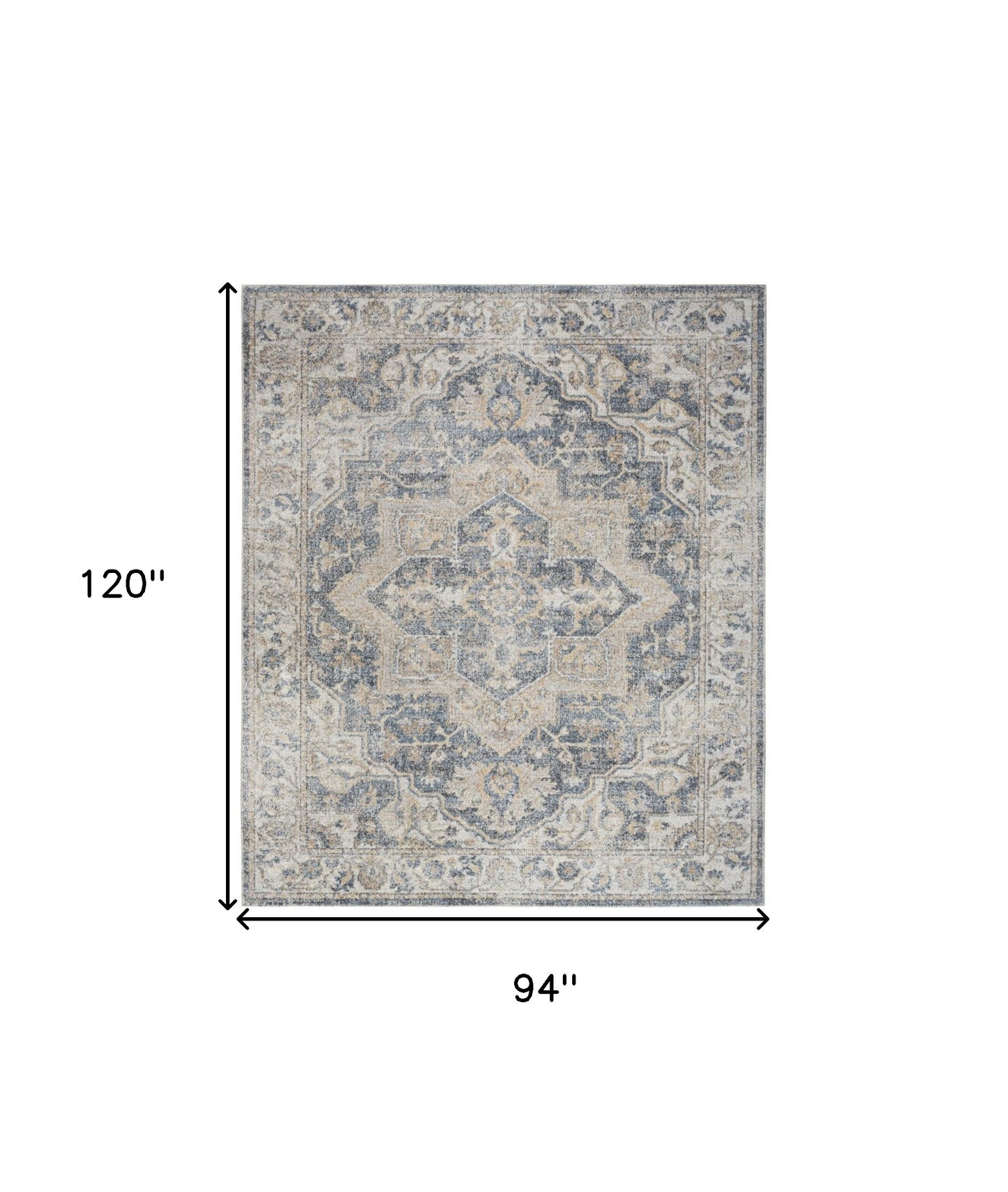 8' x 10' Gray and Blue Oriental Power Loom Washable Area Rug