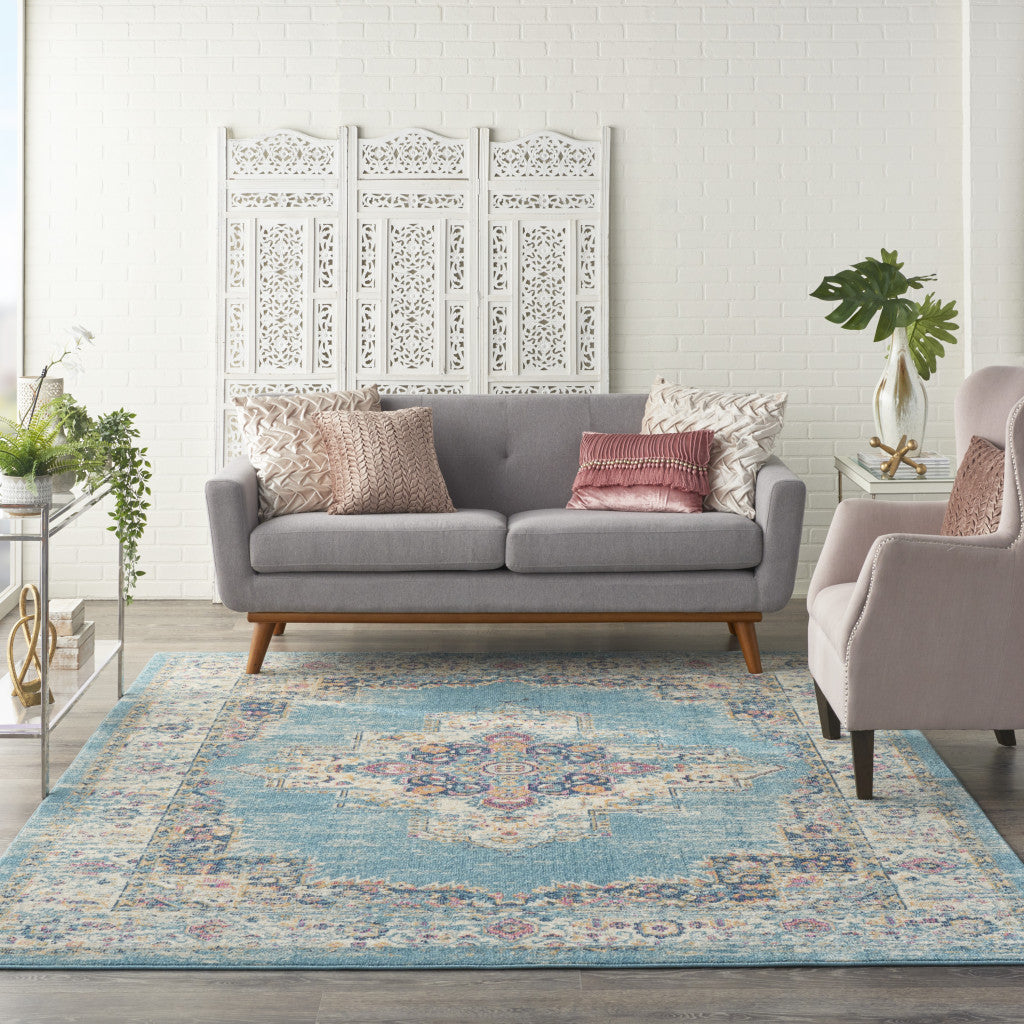 9' x 12' Light Blue Floral Power Loom Area Rug