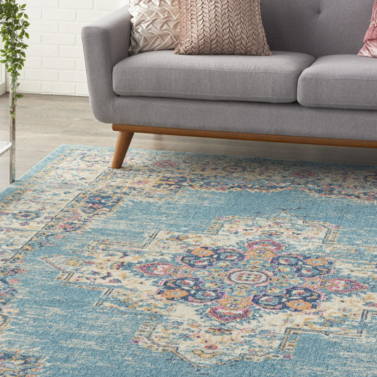9' x 12' Light Blue Floral Power Loom Area Rug