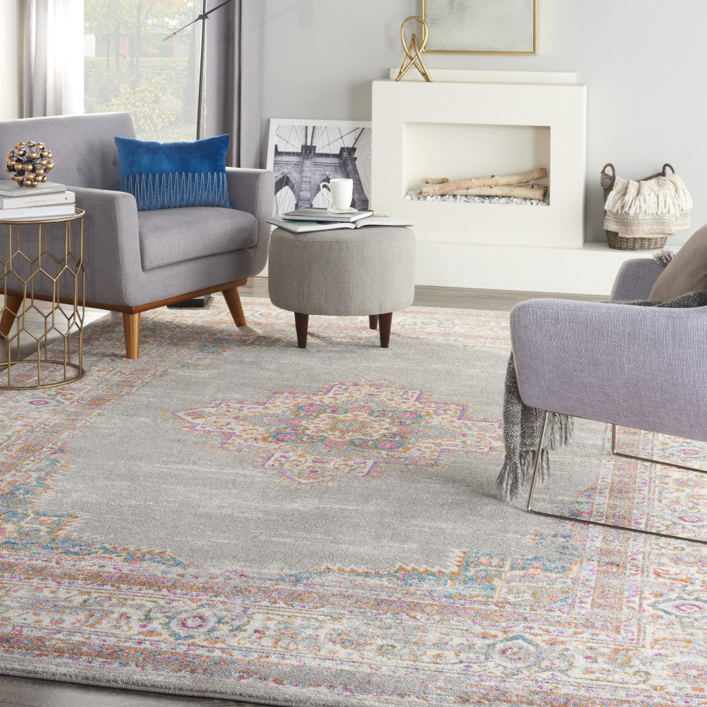 9' x 12' Gray Floral Power Loom Area Rug