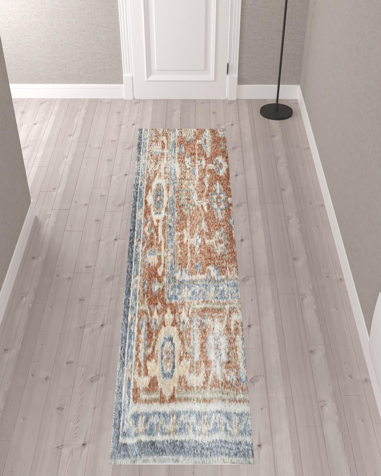 10' Denim Blue Oriental Power Loom Distressed Washable Runner Rug