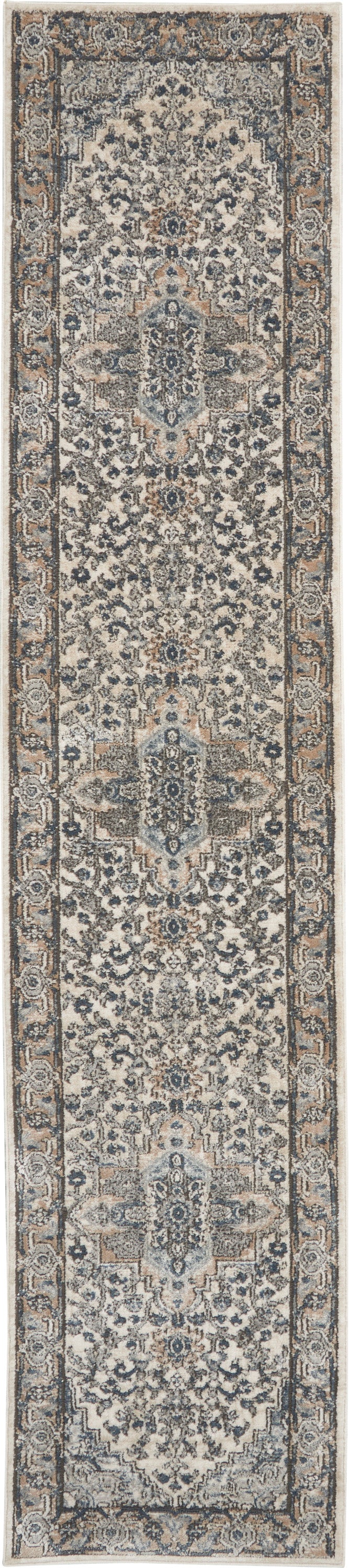 10' Gray and Ivory Medallion Power Loom Runner Rug