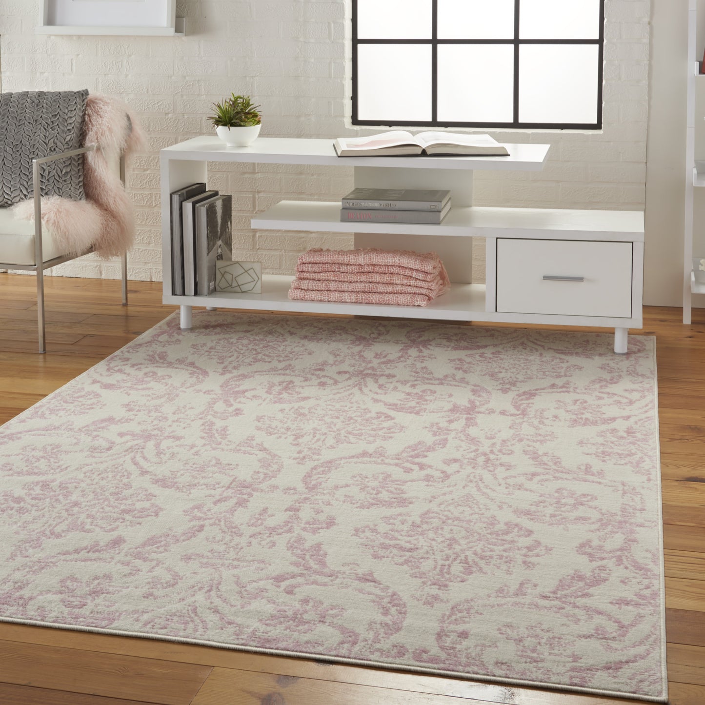 6' x 9' Beige and Pink Floral Power Loom Non Skid Area Rug