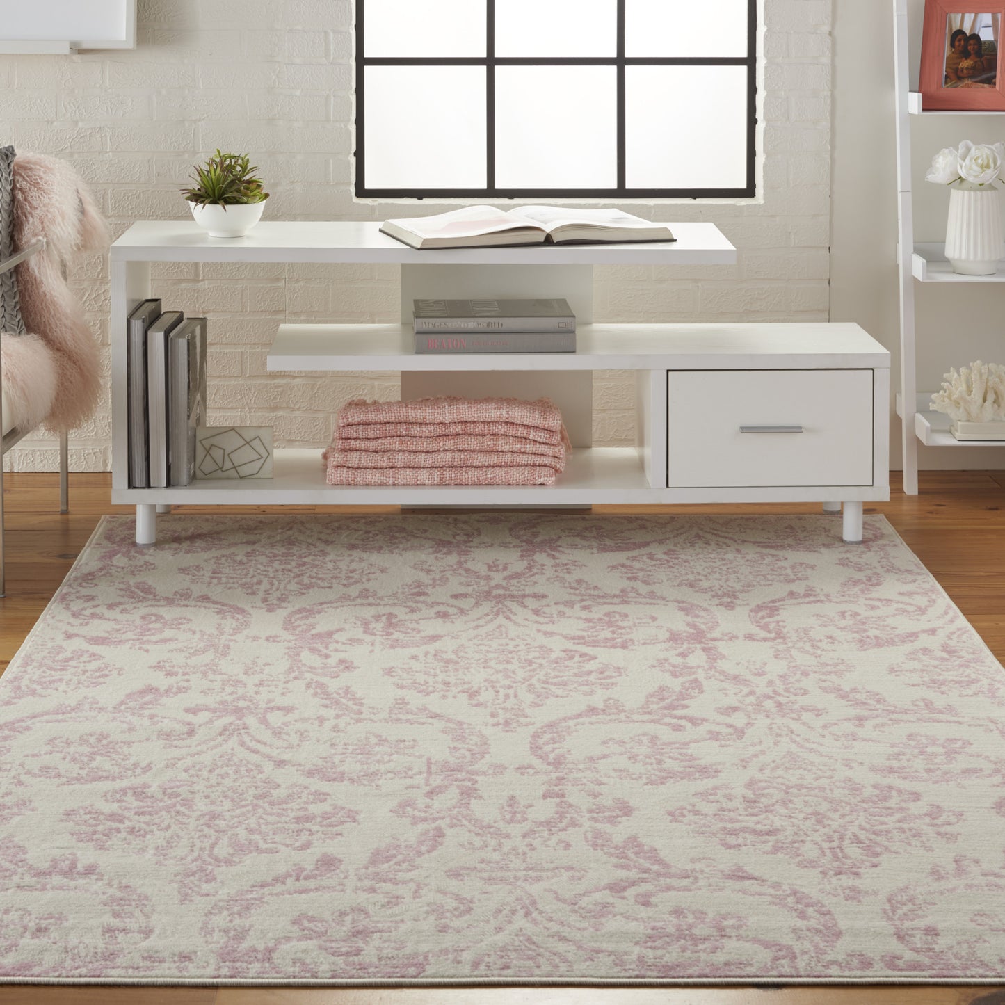 6' x 9' Beige and Pink Floral Power Loom Non Skid Area Rug