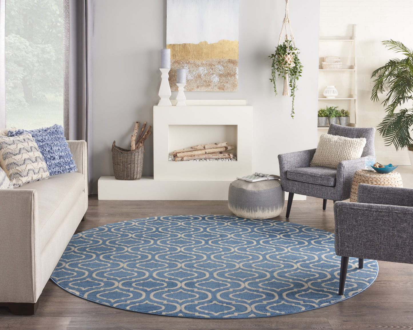 8' Gray Round Moroccan Power Loom Area Rug