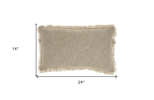 24" X 14" Taupe Linen Cotton Zippered Pillow With Fringe