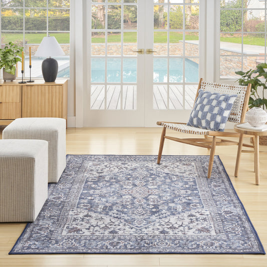 8' x 10' Gray Ivory and Blue Floral Distressed Washable Area Rug