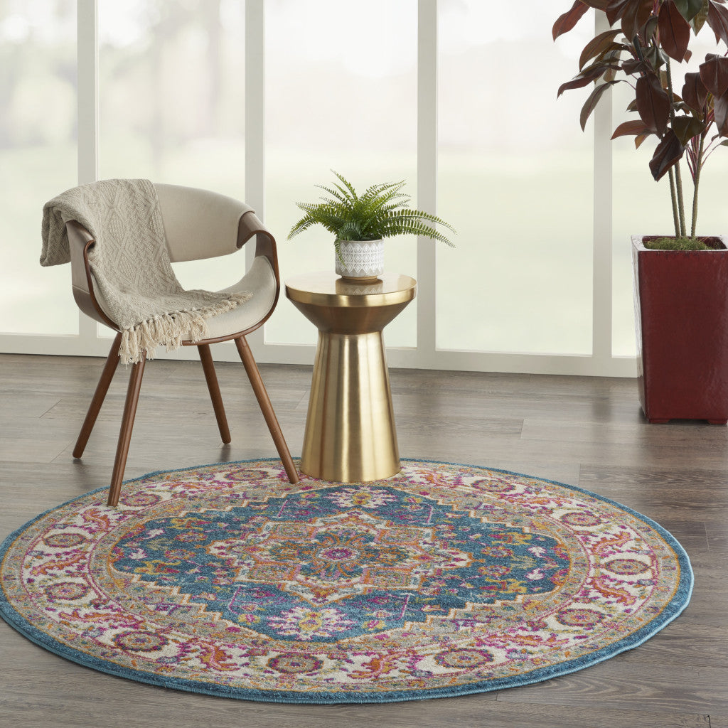 4' Gray Round Floral Power Loom Area Rug