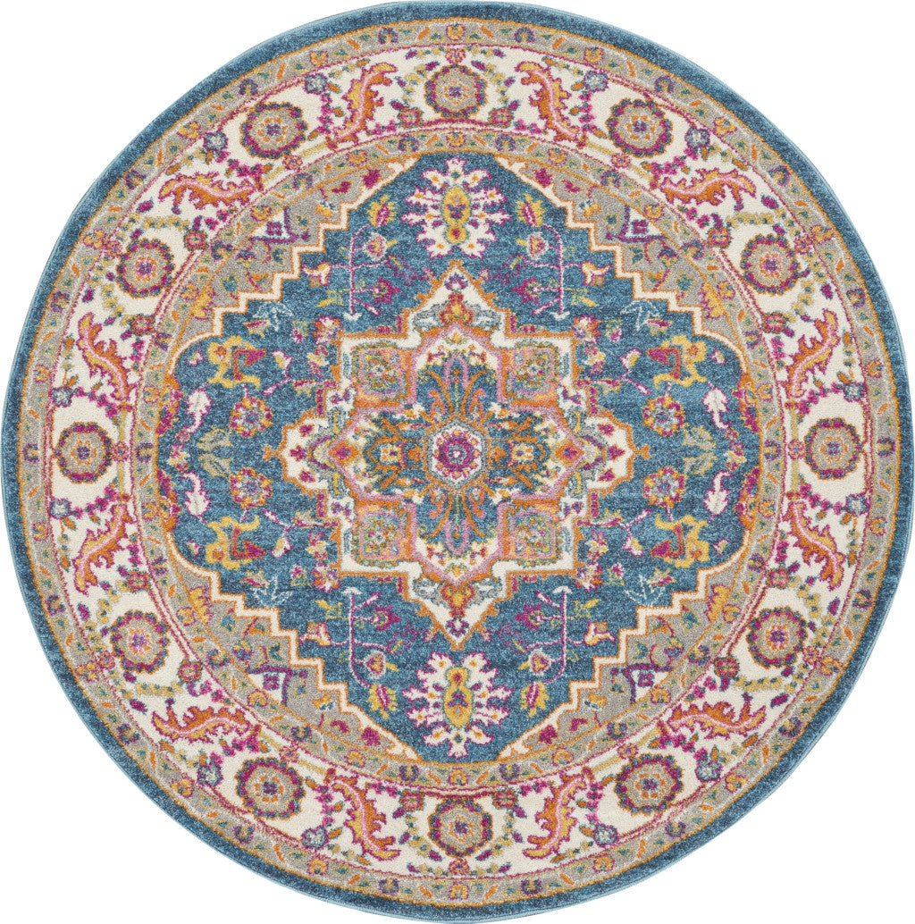 4' Gray Round Floral Power Loom Area Rug